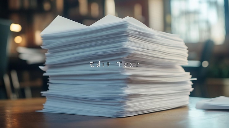 PSD large stack of papers on a wooden table