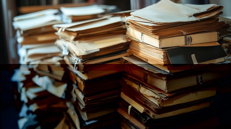 PSD large stacks of old disorganized papers and files in a dark room