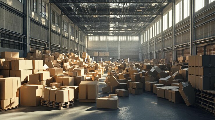 PSD large warehouse interior filled with stacked cardboard boxes
