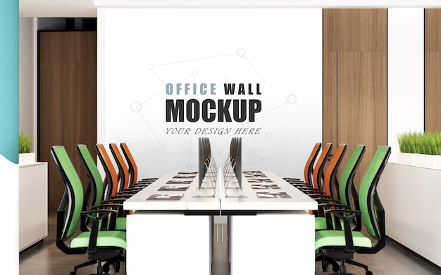 PSD large work space with colorful chairs wall mockup