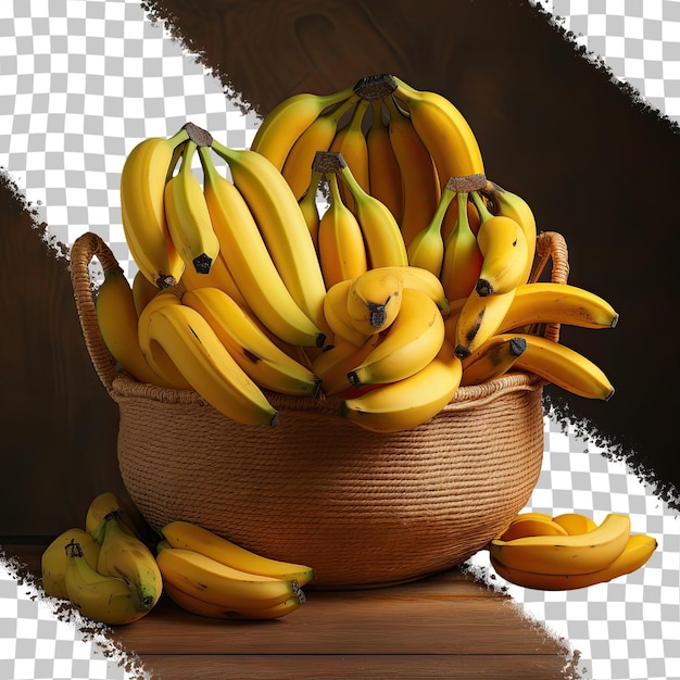 Large yellow bananas in a wicker basket on a transparent background