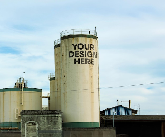 a large yellow and green water tower mock up