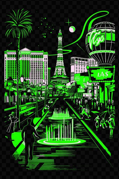 Las vegas strip met neon lit street scene en casinos hotel psd vector t-shirt tattoo ink scape art