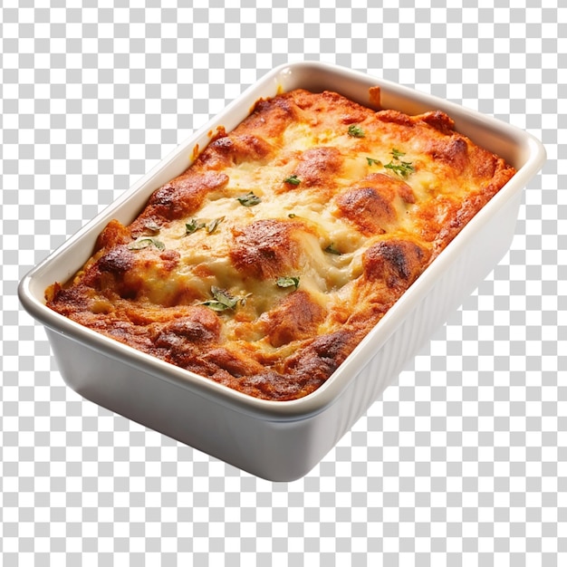 PSD lasagna w naczyniu do pieczenia izolowana na przezroczystym tle