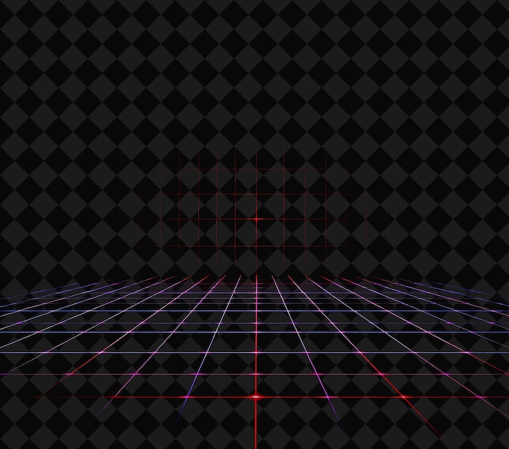 PSD laser grid projects sharply combining bright red and deep blue y2k inspiredthe grid of light form
