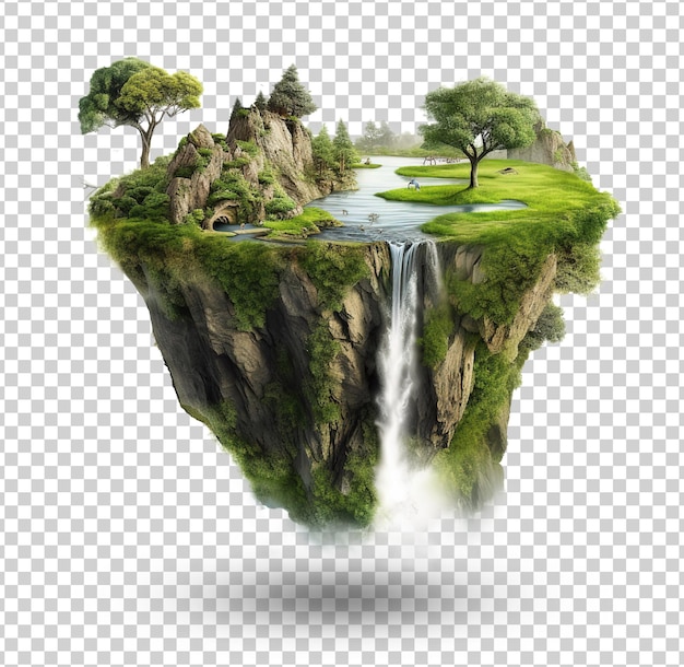 Latająca wyspa z pięknym krajobrazem zielona trawa i wodospady góry 3d ilustracja ziemi
