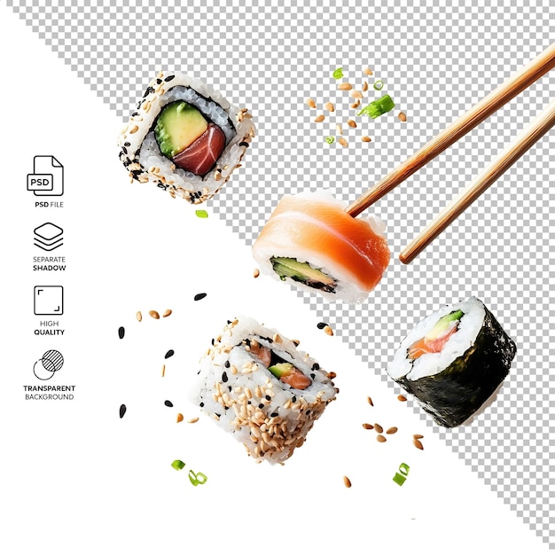Latające kawałki sushi izolowane bez tła