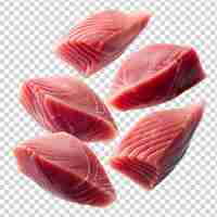 PSD latające surowe filety tuńczyka na przezroczystym tle