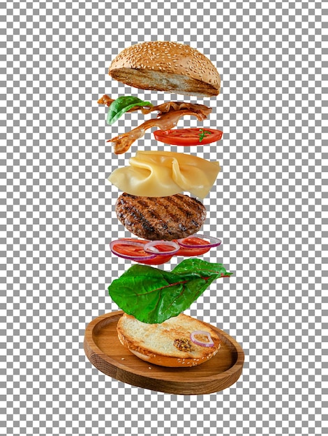 Latający składnik hamburger na drewnianej desce z przezroczystym tłem