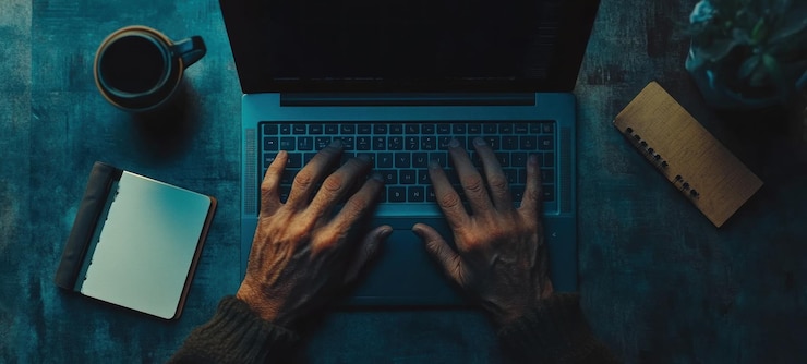 PSD late night work hands typing on laptop in dim light