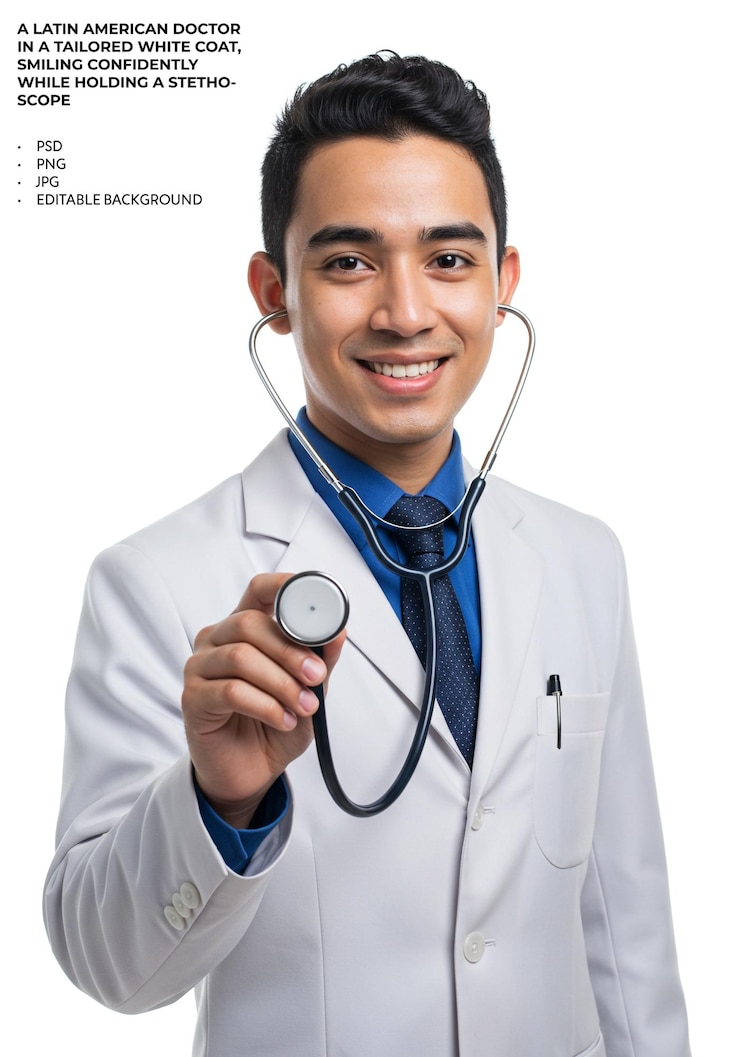 PSD latin american doctor in white coat with stethoscope