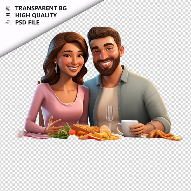 PSD latin couple dining 3d cartoon style white background iso