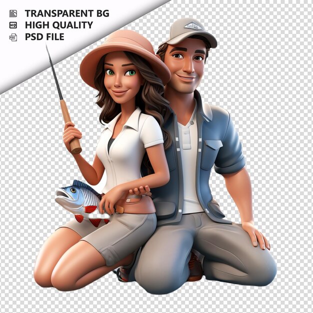 PSD latin couple fishing 3d cartoon style white background is
