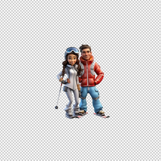 PSD latin couple skiing 3d cartoon style doorzichtige achtergrond iso