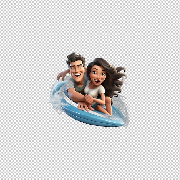 PSD latin couple surfing 3d cartoon style transparent background is