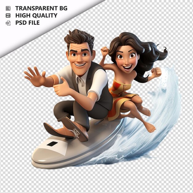 PSD latin couple surfing 3d cartoon style white background is