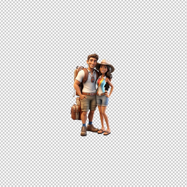 PSD latin couple traveling 3d cartoon style transparent background