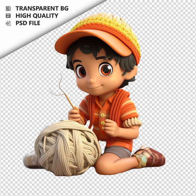 PSD latin kid knitting 3d cartoon style white background isol