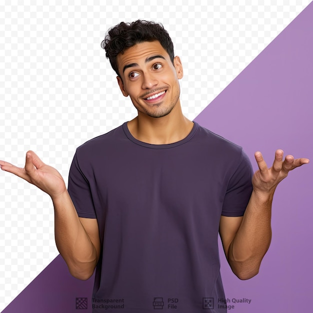 PSD latin man on transparent background hesitates between two choices pointing sideways