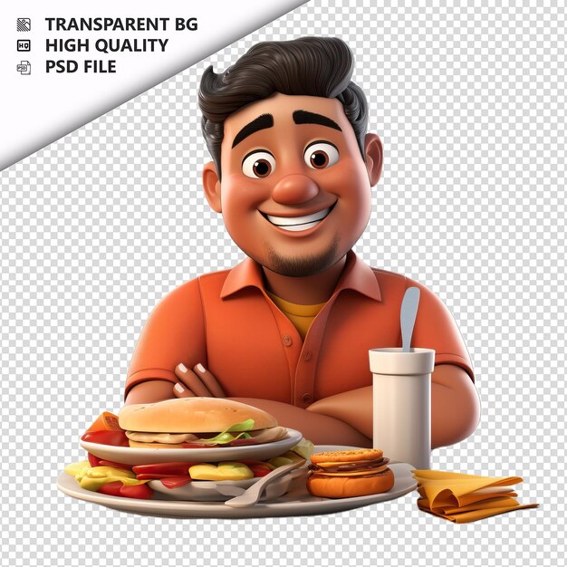 PSD latin person dining 3d cartoon style white background iso