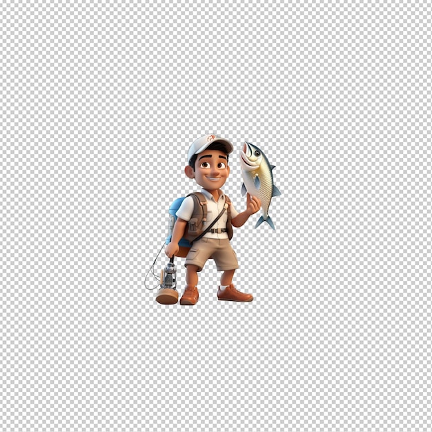 Latin person fishing 3d cartoon style transparent background is
