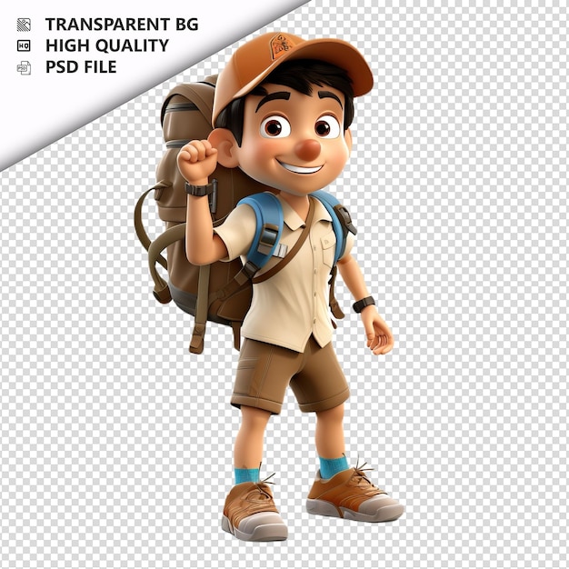PSD latin person hiking 3d cartoon style white background iso