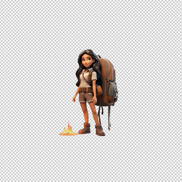 PSD latin woman camping 3d cartoon style transparent background iso