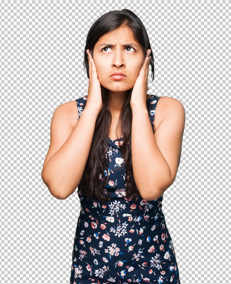 PSD latin woman covering her ears