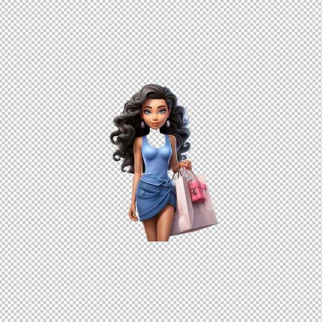 PSD latin woman shopping 3d cartoon style transparent background is