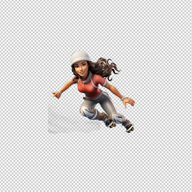 PSD latin woman skating 3d cartoon style transparent background iso