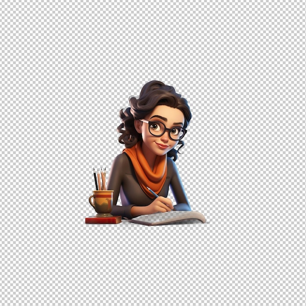 PSD latin woman studying 3d cartoon style transparent background is