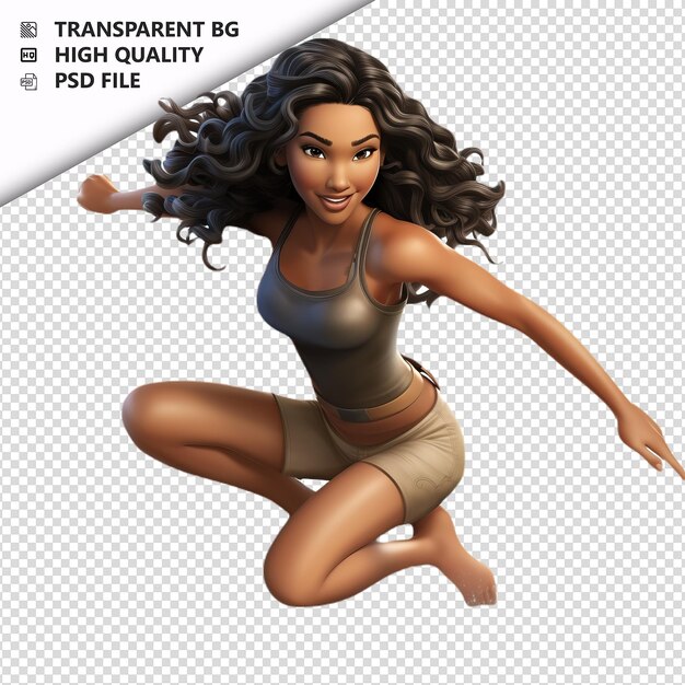 PSD latin woman surfing 3d cartoon style white background iso