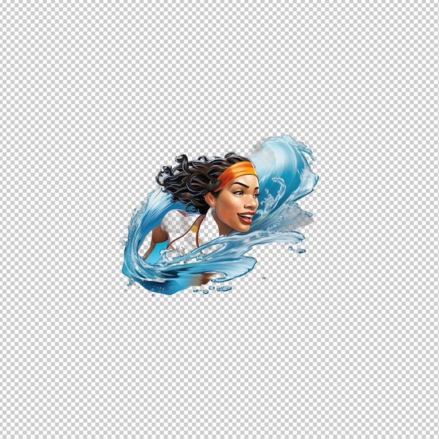 La donna latina che nuota in 3d sullo sfondo trasparente in stile cartone animato