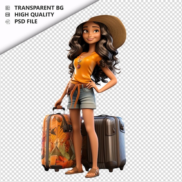 PSD donna latina in viaggio in 3d in stile cartone animato sullo sfondo bianco
