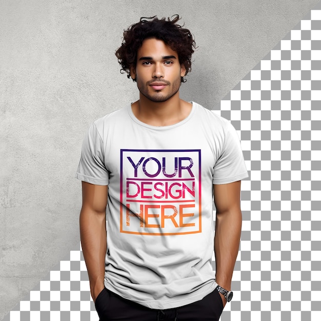 PSD latino man poseert wit t-shirt mockup voor productfotografie knappe man product mockup