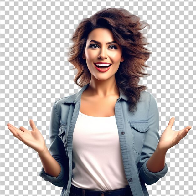 Latino woman smiling looking at the camera and giving the peace sign