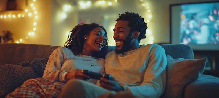 PSD laughing couple playing video games at home