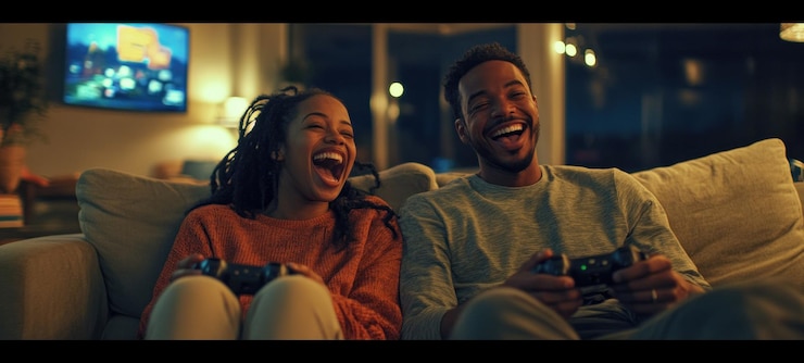 PSD laughing couple playing video games at night