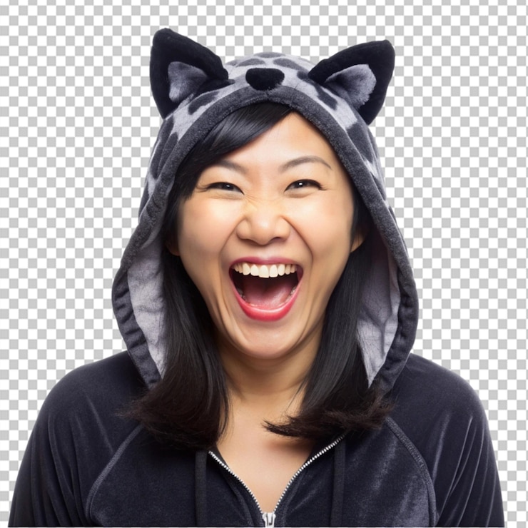 PSD 웃는 행복한 성인 아시아 여성은 투명한 배경에 고양이 의상을 입고 있습니다.