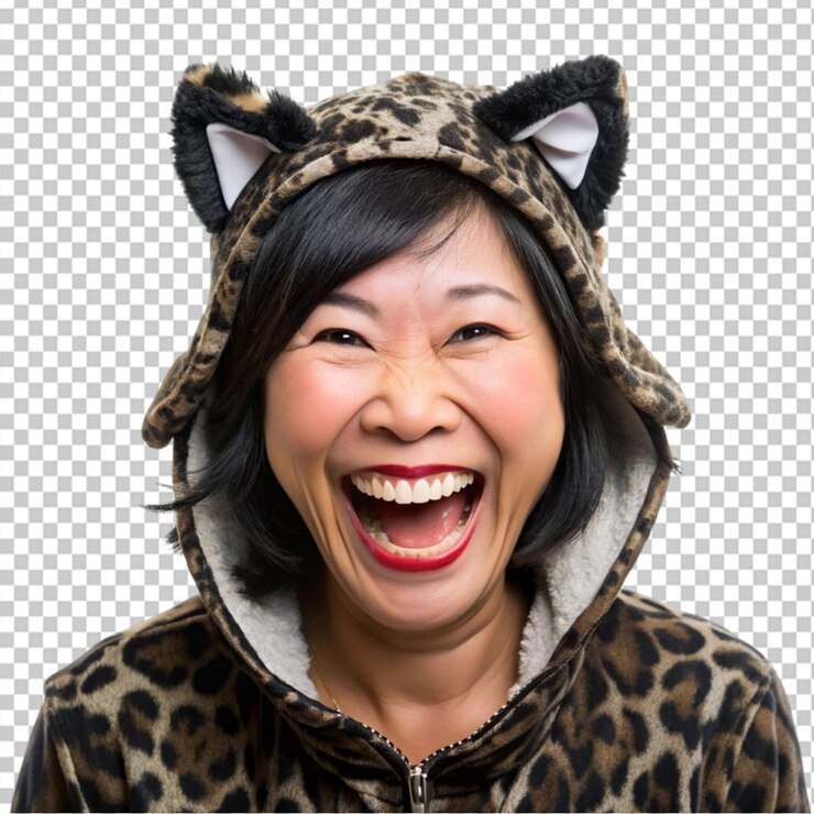 PSD 웃는 행복한 성인 아시아 여성은 투명한 배경에 고양이 의상을 입고 있습니다.