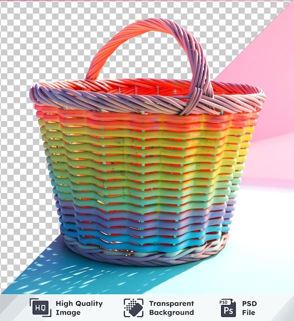 Laundry basket on blue table against pink wall with visible brown handle