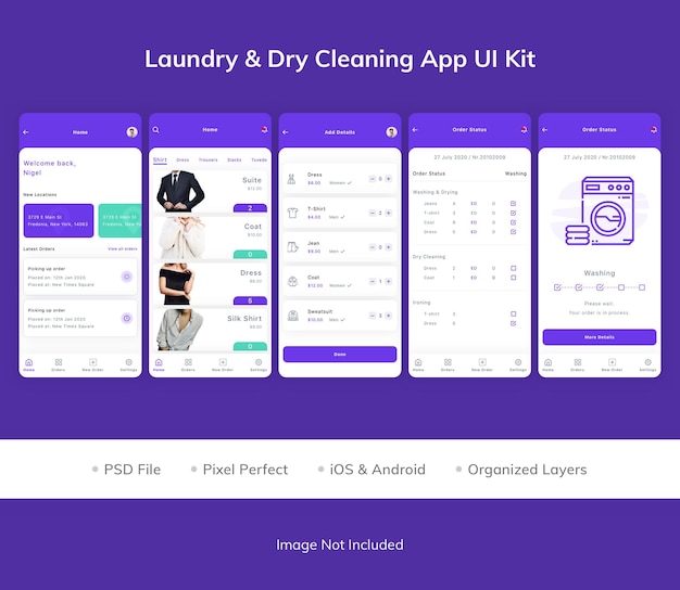 PSD kit per l'interfaccia utente dell'app per la lavanderia e il lavaggio a secco