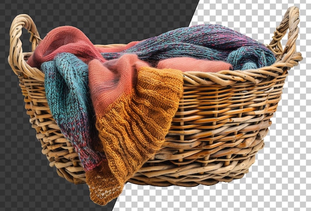 PSD laundry in wicker basket on transparent background stock png