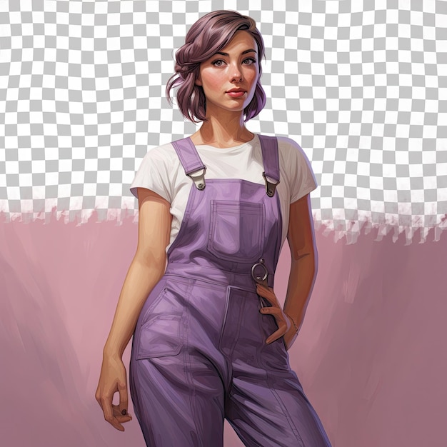 PSD lavender clad scandinavian plumber reluctant young adult woman rocks short hair flowing dress in full length pose