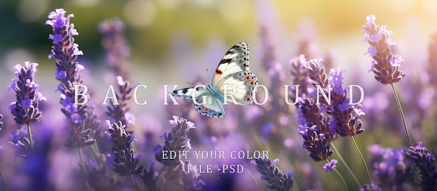 PSD in lavender fields and colorful butterflies fluttering
