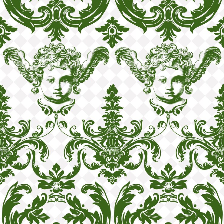 PSD lavish baroque pattern with kind of cherub icon and flowing abstract natural pattern vector design