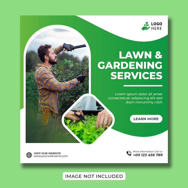Lawn or gardening service creative social media banner design or square flyer template
