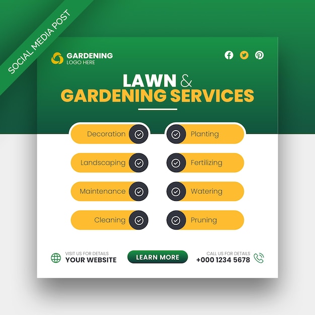 Lawn or gardening service social media post and web banner template