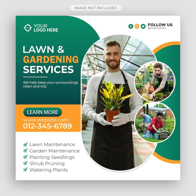 Lawn or gardening service social media post and web banner template