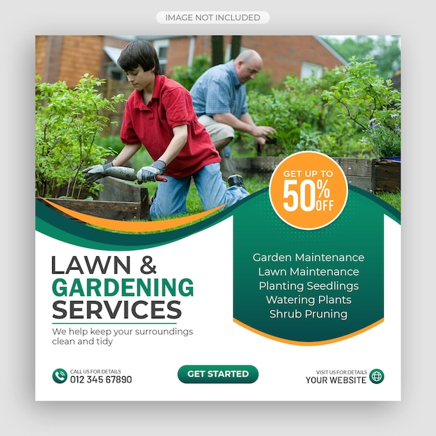 PSD lawn or gardening service social media post and web banner template